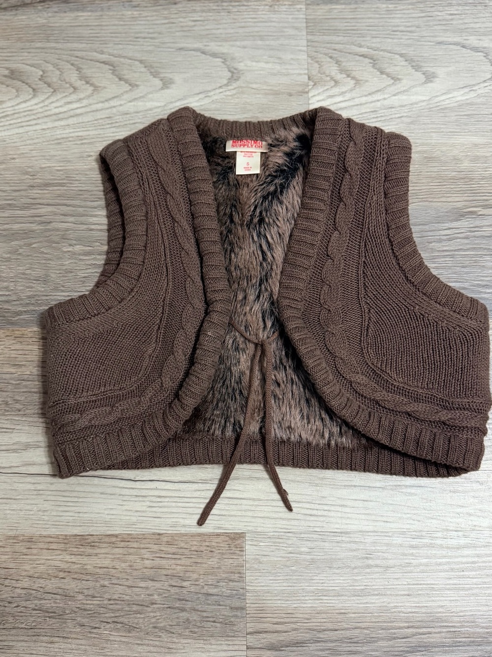 Mossimo Supply Co. Brown Cable-Knit Faux Fur Cropped Vest Shrug 100% Cotton